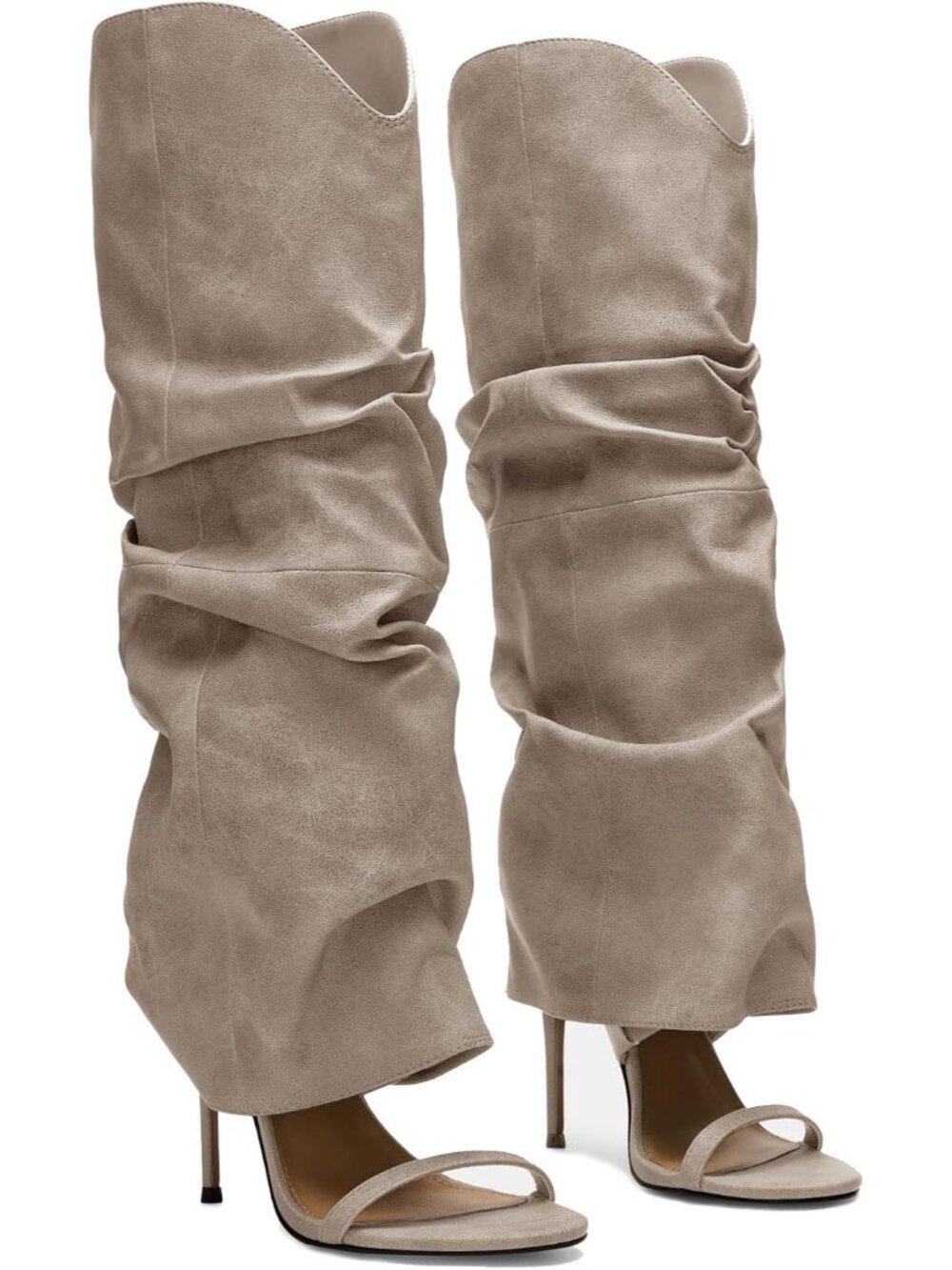 Women's Gray Slouchy Knee High Boots Open Toe High Heel Sandals Boots Pull On